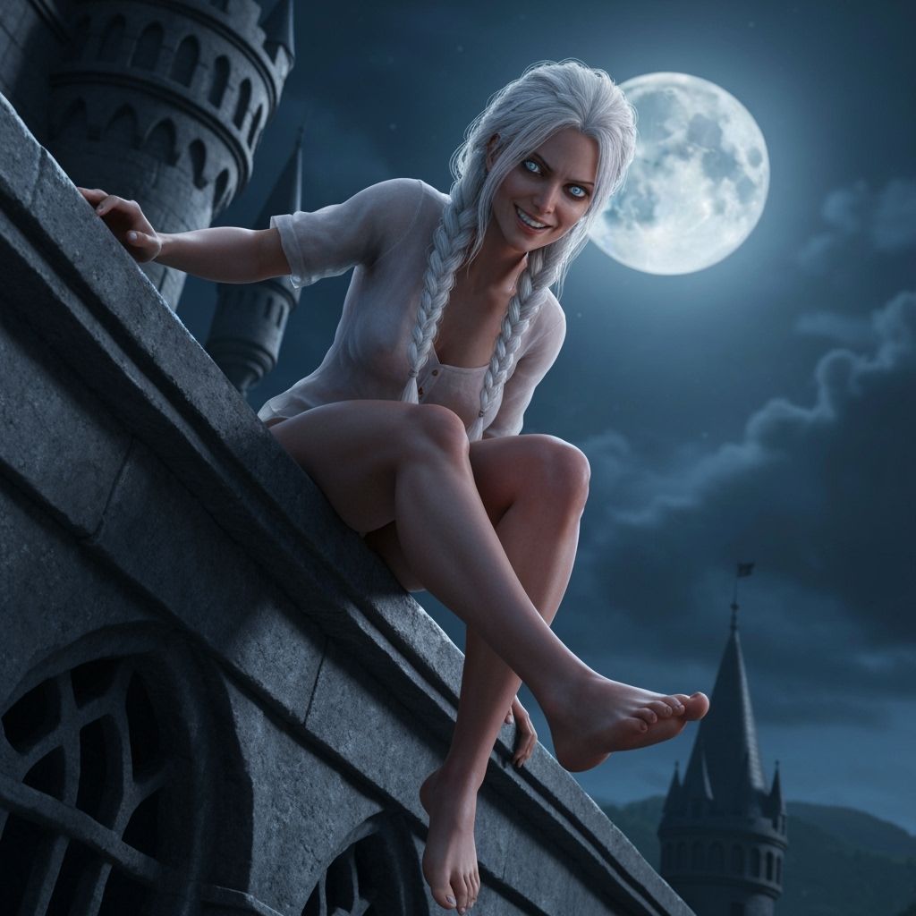 Woman with Braided Hair on Castle Parapet