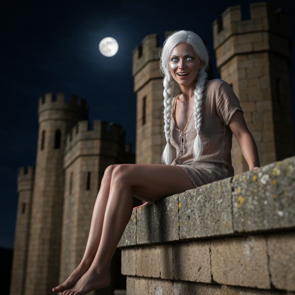 Woman with Braided Hair on Castle Parapet