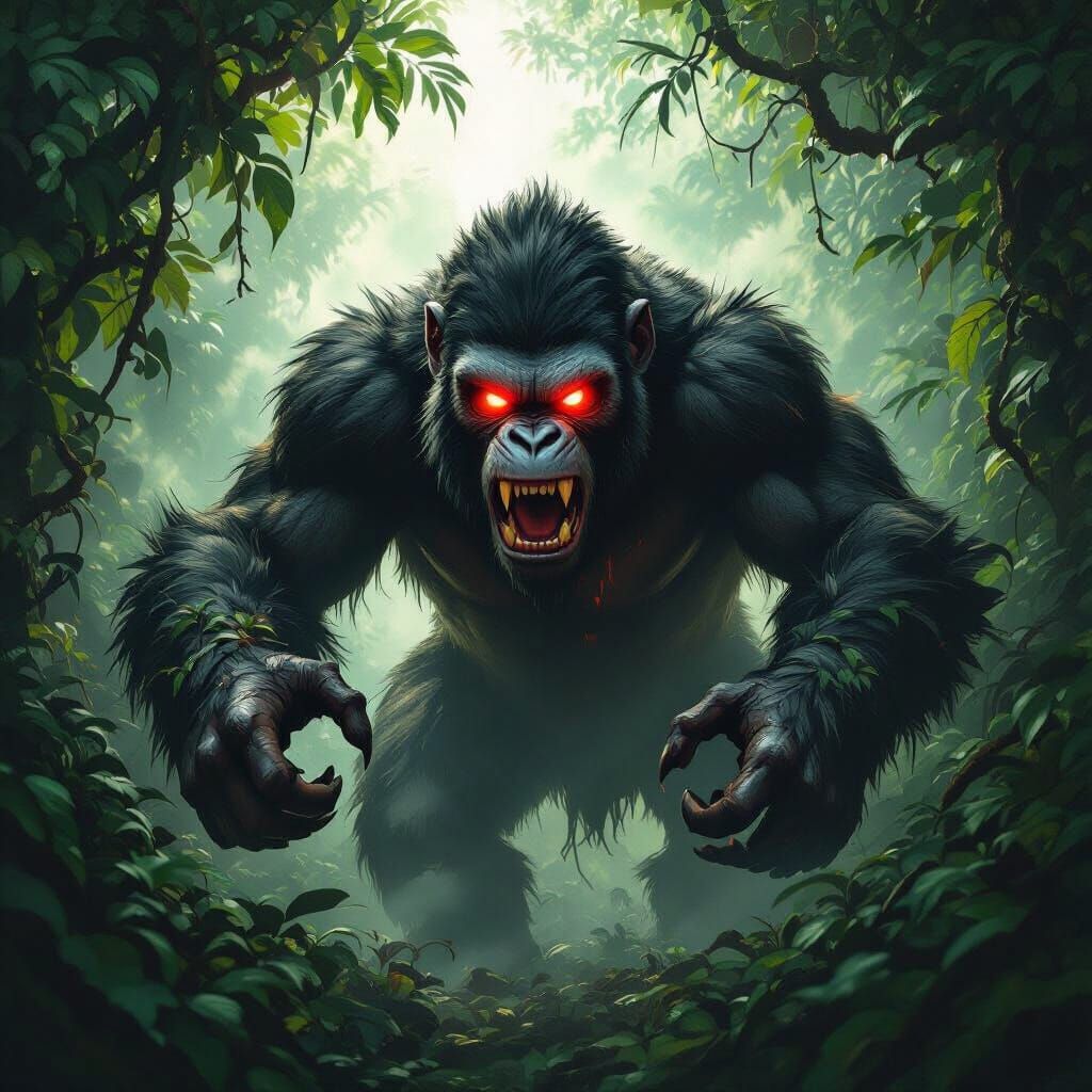 Menacing Ape Creature in Dark Fantasy Jungle