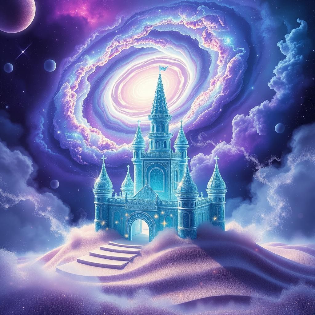 Glass Sandcastle in Cosmic Nebula as Holographic Art