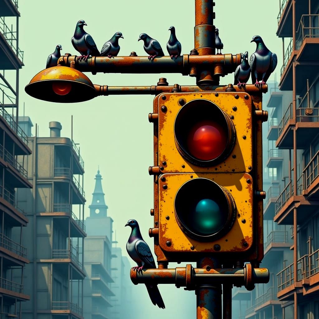 Traffic Light with Pigeons.