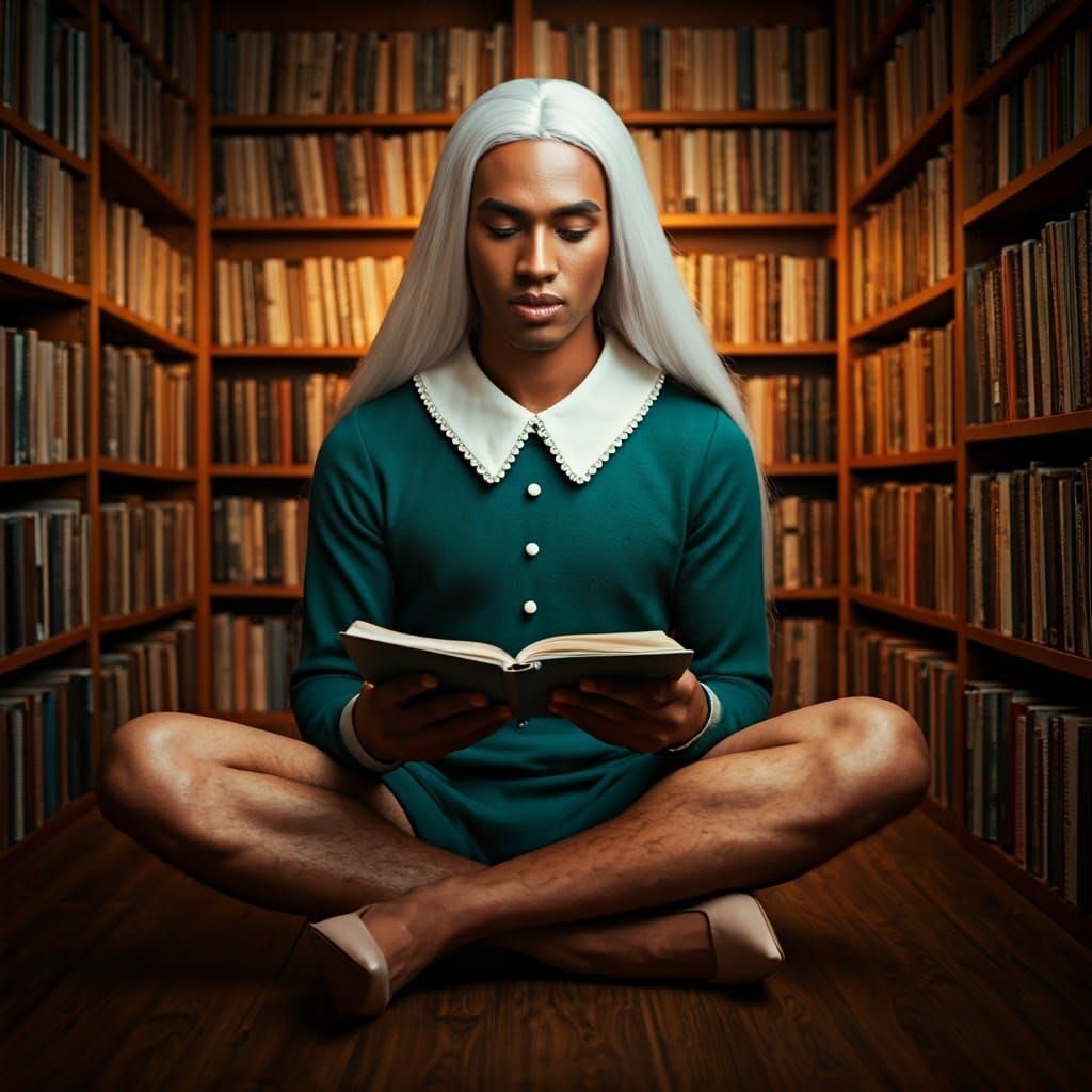 Elegant Young Man Reads in a Cozy Library Setting