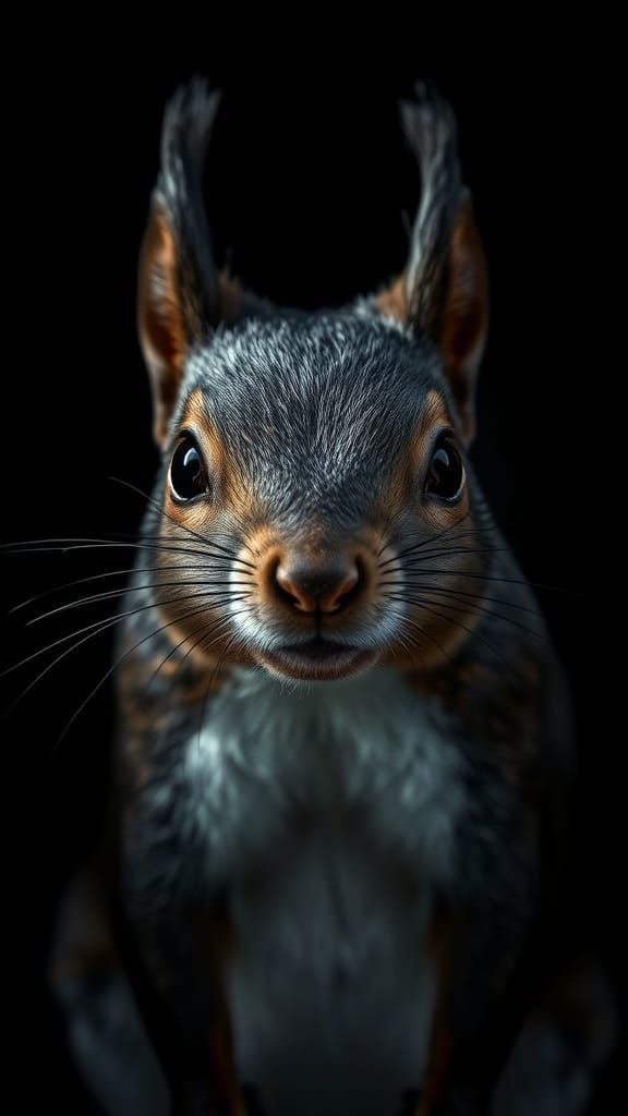 Photorealistic Black Squirrel Portrait with Dramatic Lightin...
