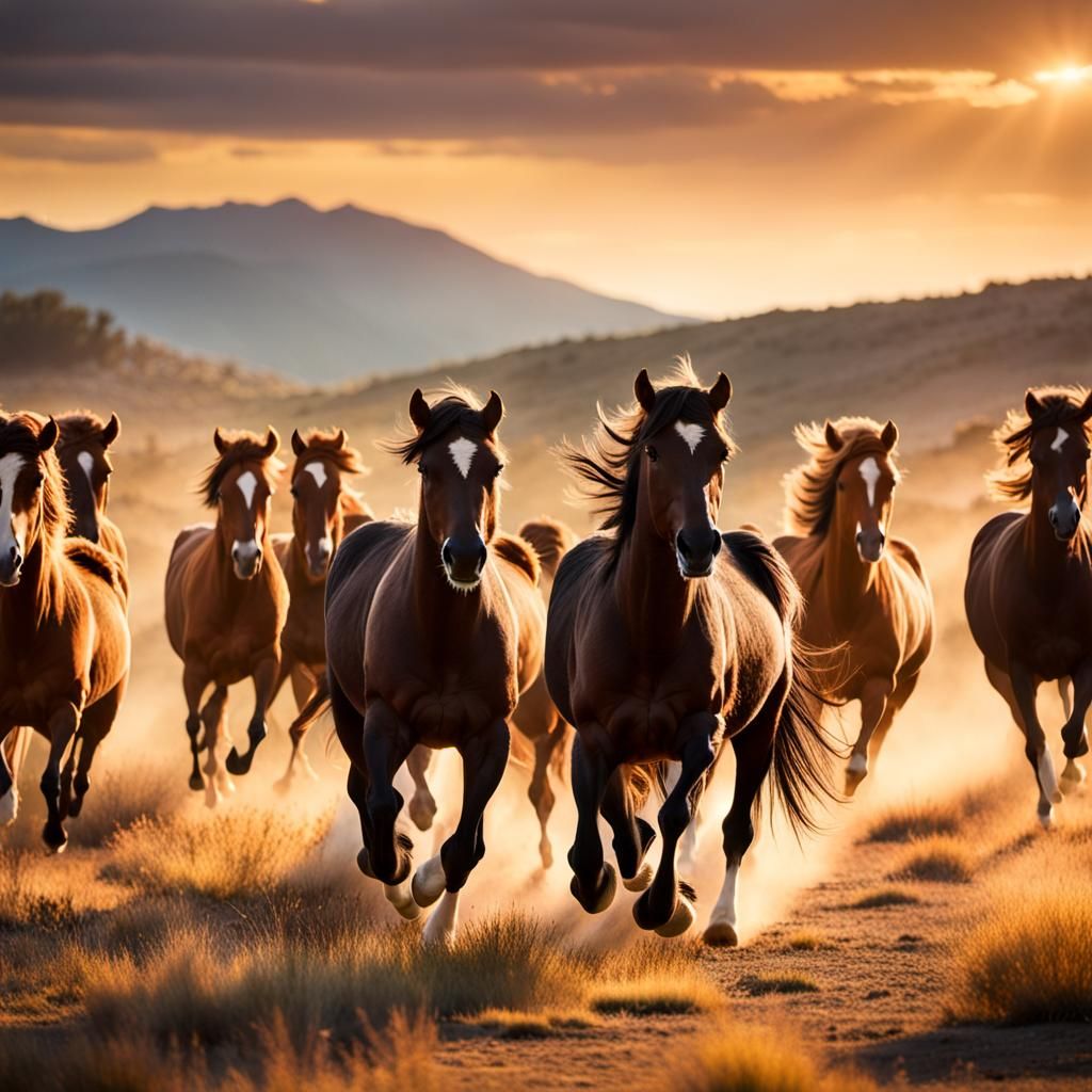 Wild Mustangs Run at Sunset: Ansel Adams Style