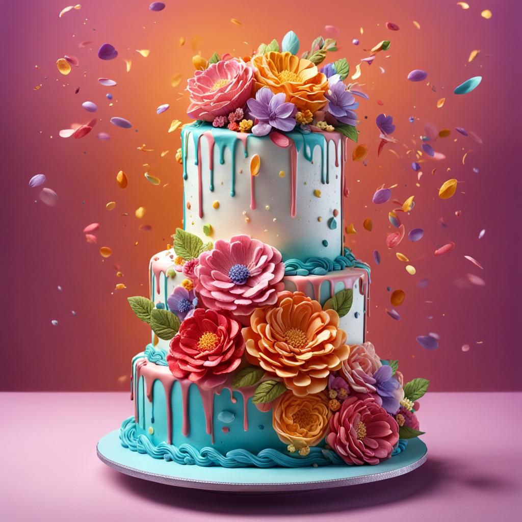 Multi-Tiered Floral Birthday Cake in Hyperrealistic Style