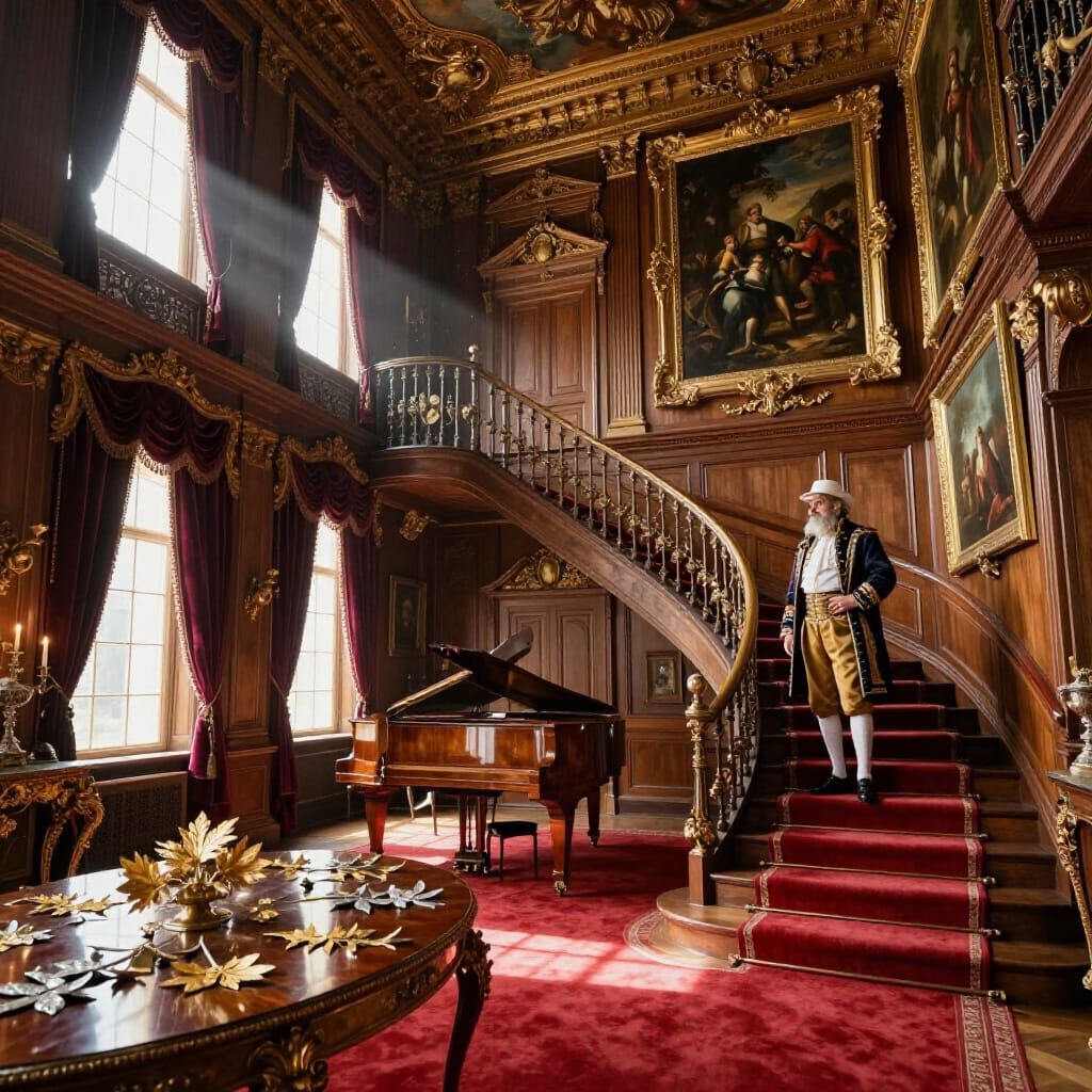 Opulent Baroque Mansion Interior with Proud Carpenter