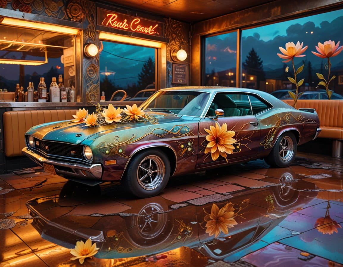 Surreal Muscle Car with Duckling at Neon Diner