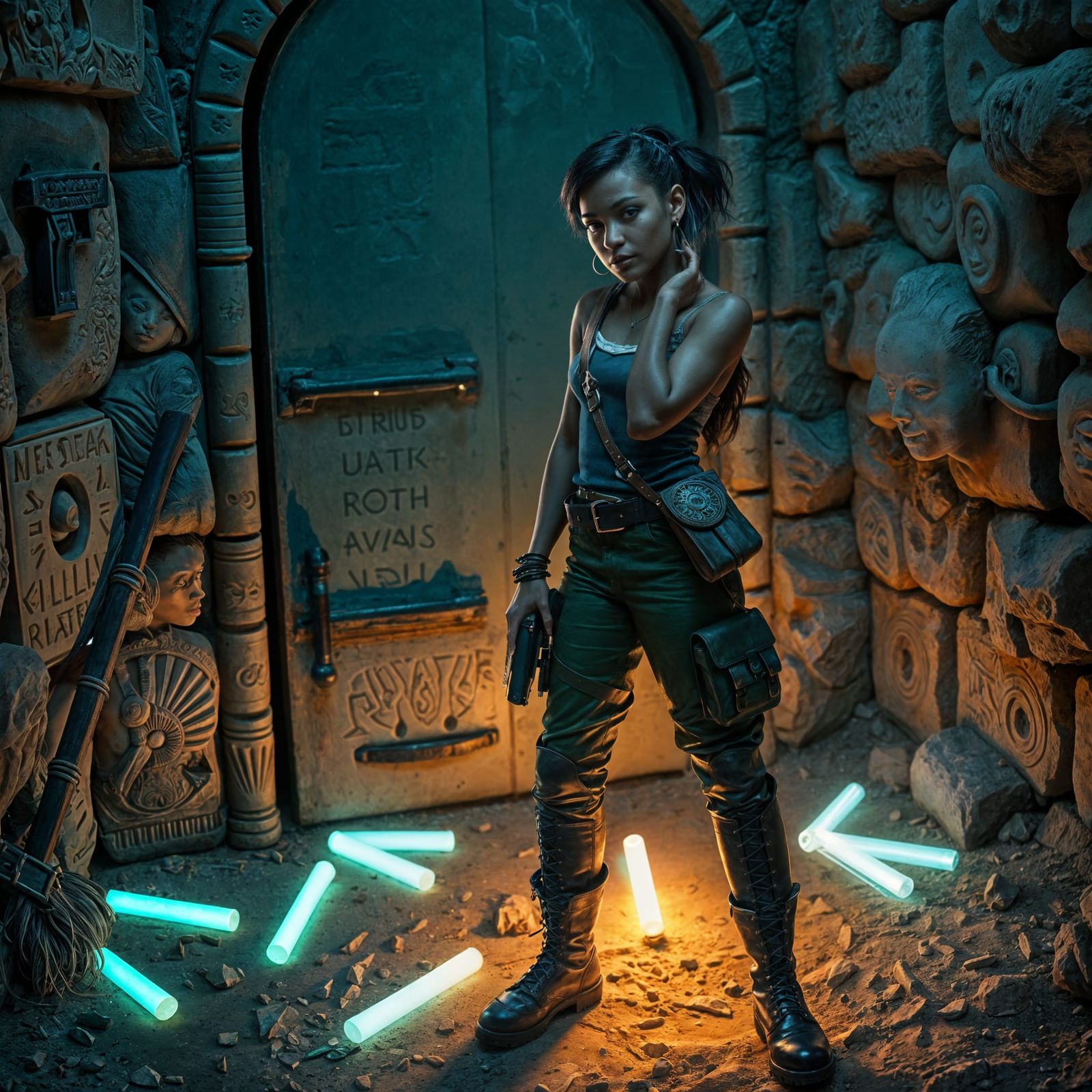 Beautiful Archaeologist Guarding Ancient Doorway