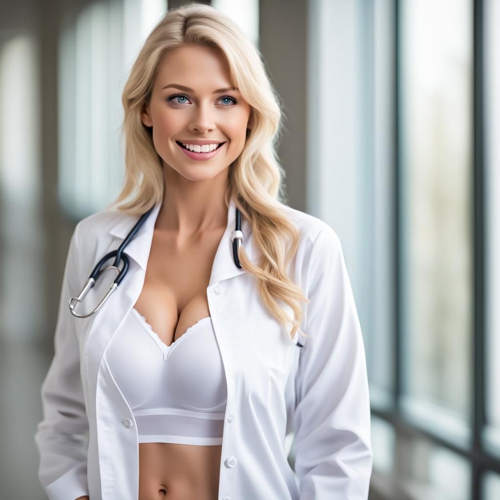 Blonde Nurse with Open Blouse in Hospital