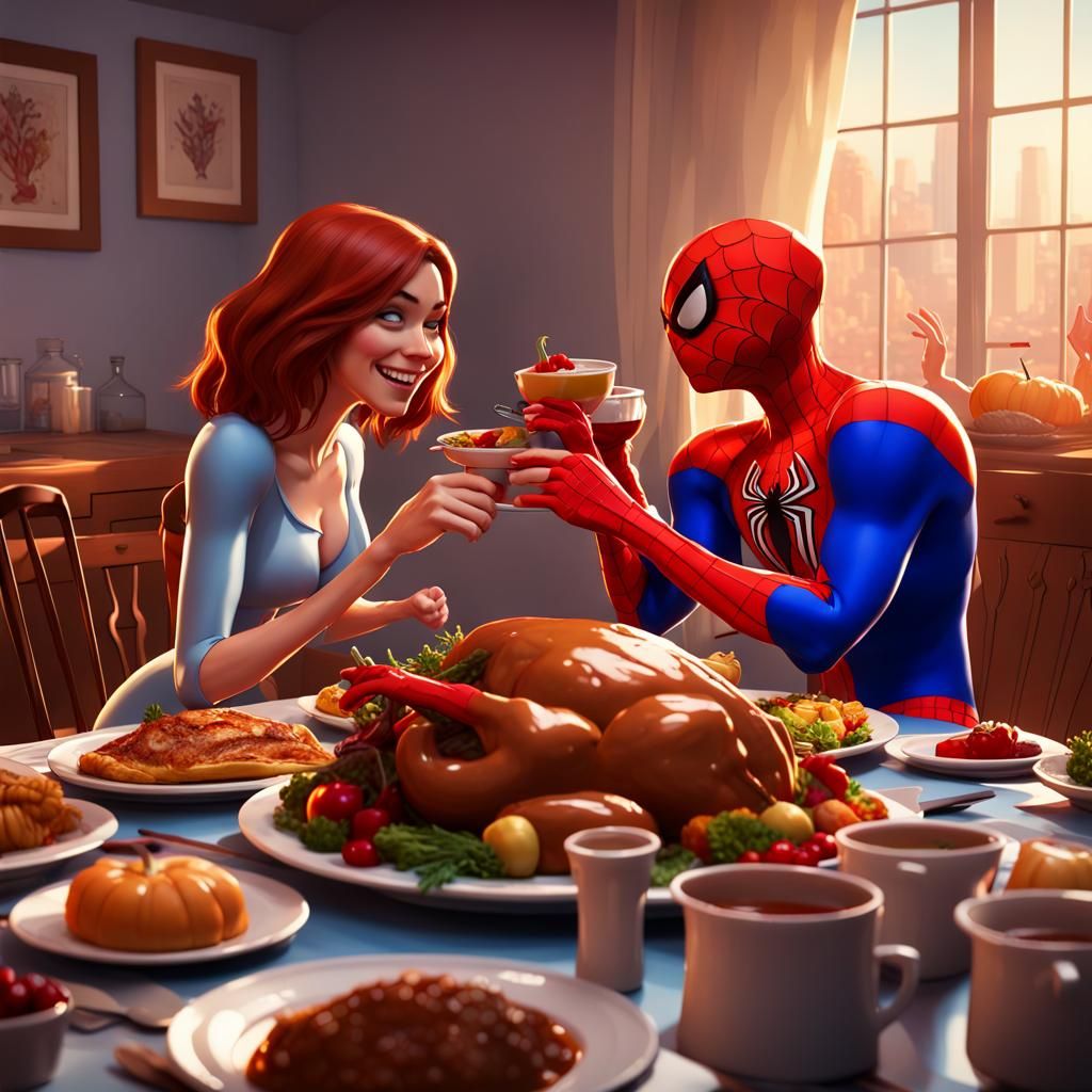 Spiderman and Mary jane Wattson having Thanksgiving dinner together