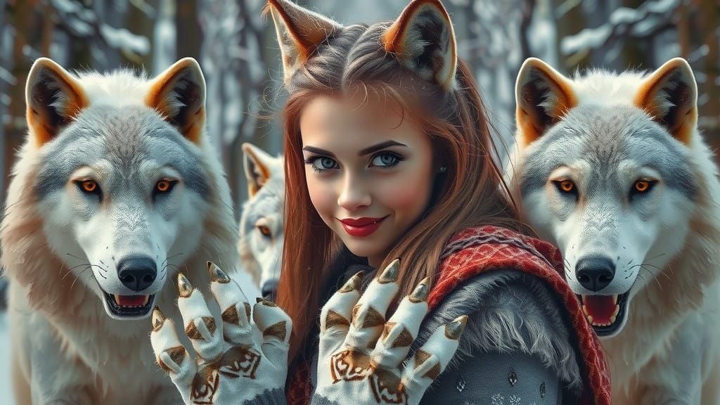 Confident Young Werewolf in Snowy Forest with Majestic Wolve...