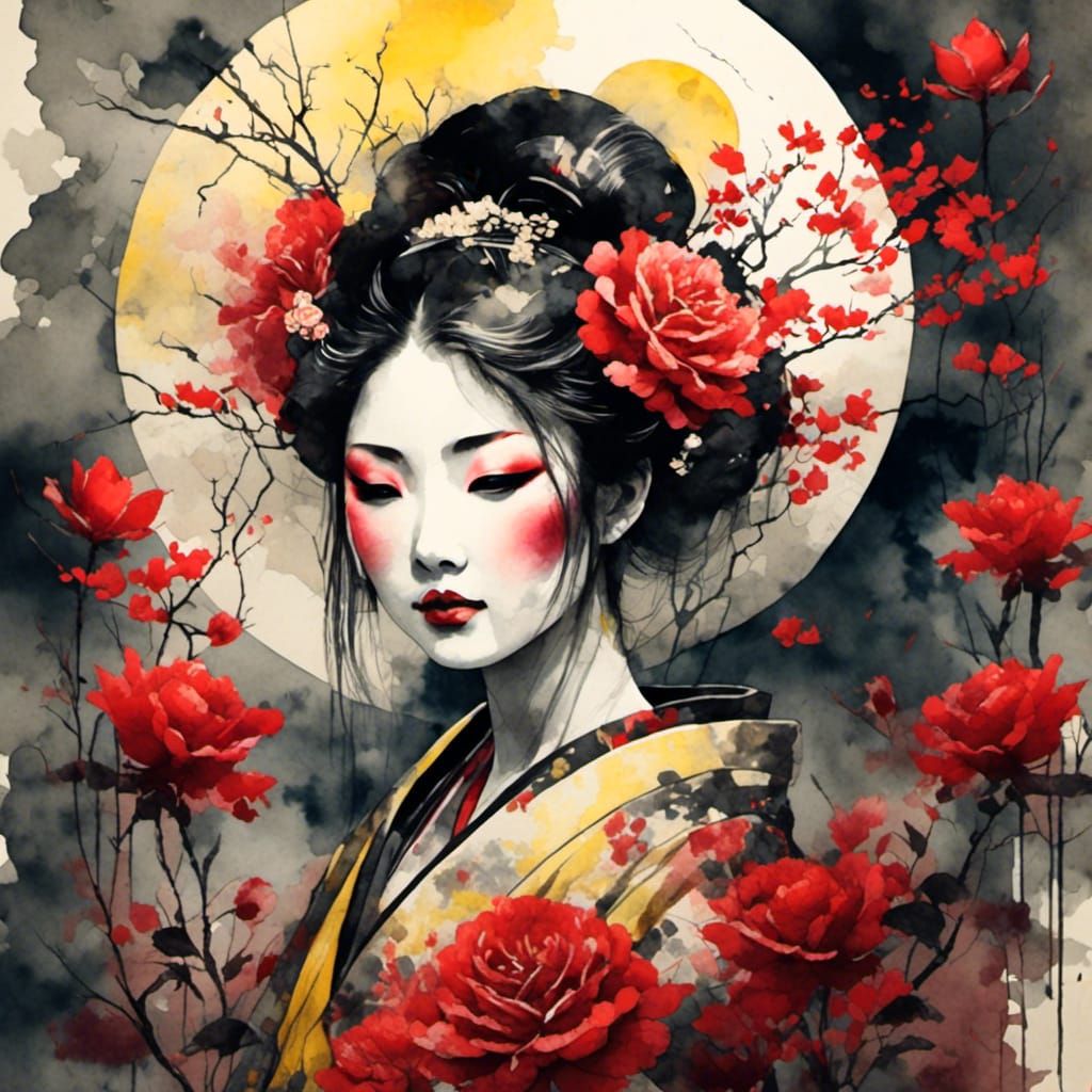 Stunning Geisha in Antique Watercolor Style
