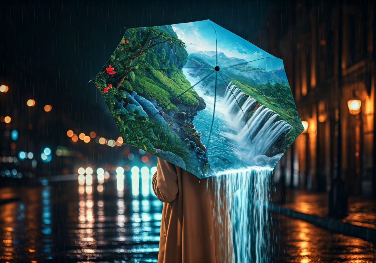 Waterfall Umbrella in Rainy Cityscape