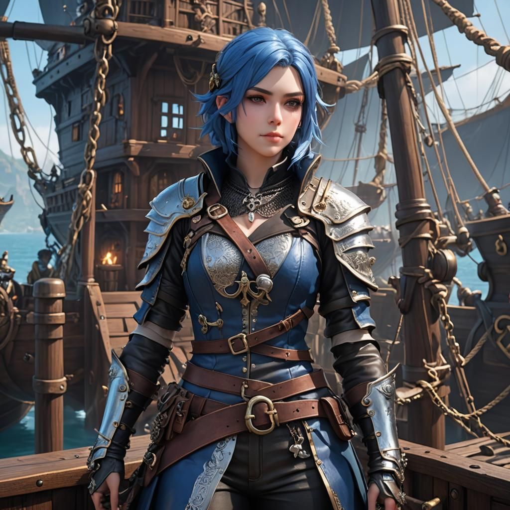 Blue-Skinned Adventurer on Pirate Ship, in Anime Art Style