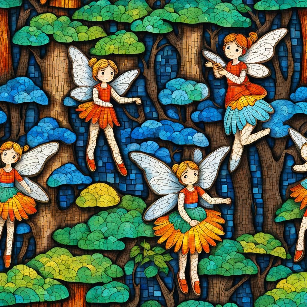 Mosaic Forest Fairies in 3D Burned Wood Style