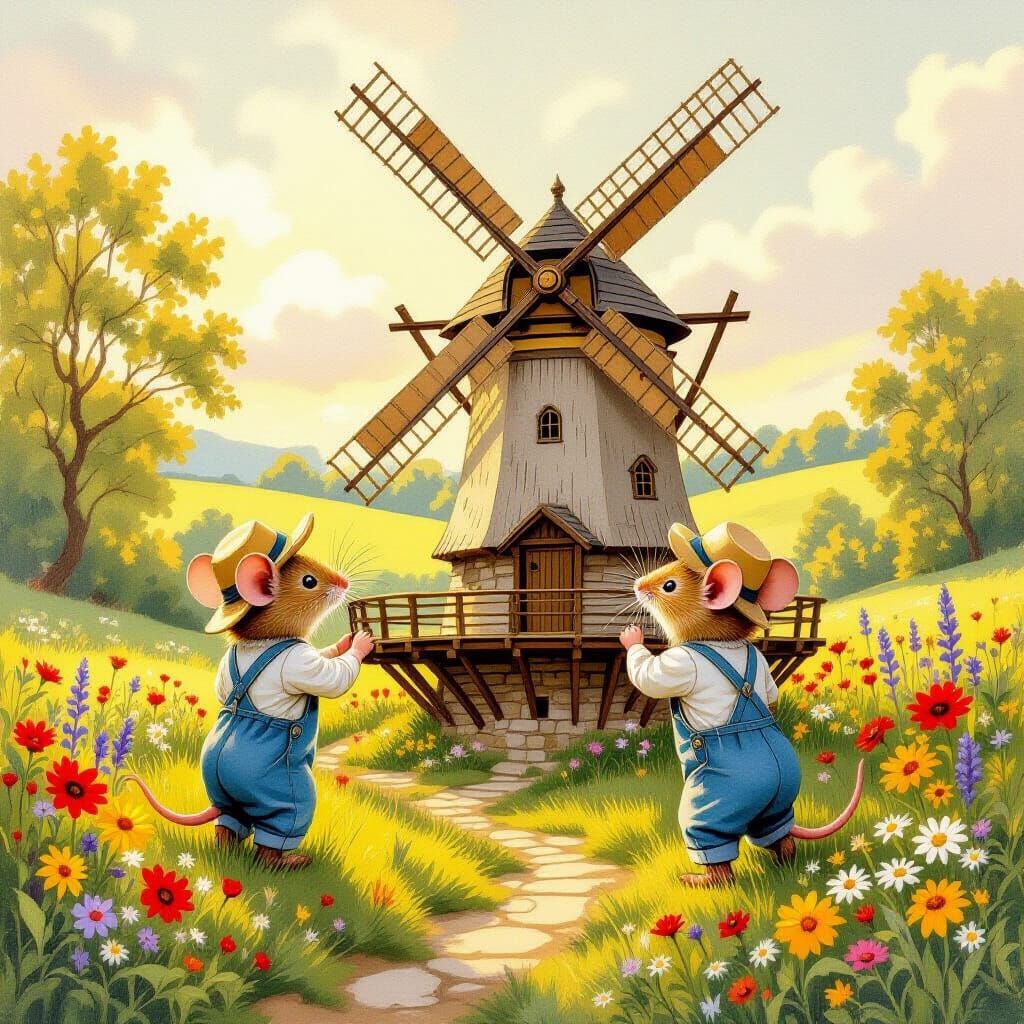 Mice Operate Windmill in Beatrix Potter Style