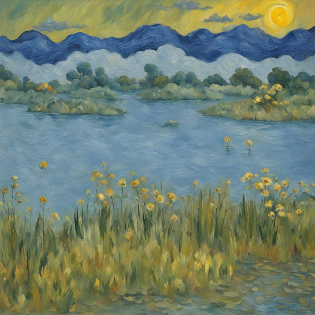 Impressionist Pond at Twilight with Expressive Sky