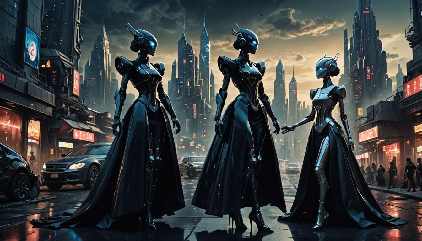 Dark Fantasy: Woman and Robot in Cyberpunk City