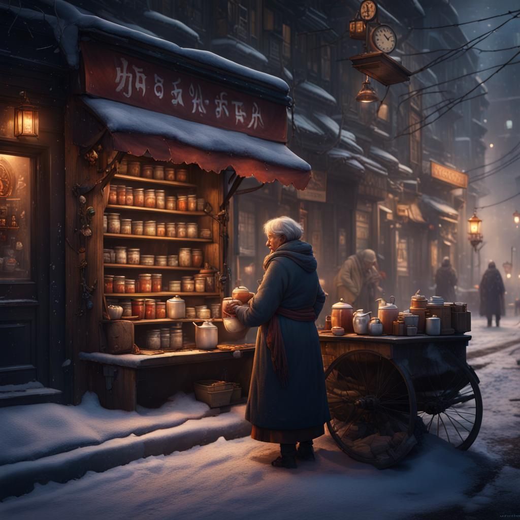 Old Woman Selling Tea on Winter Night