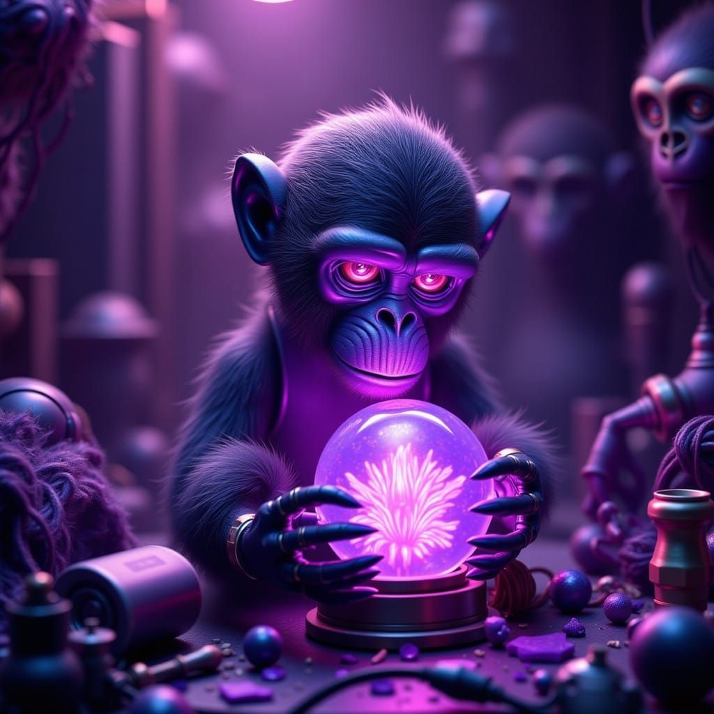Purple Monkey Holding Iridescent Crystal Ball