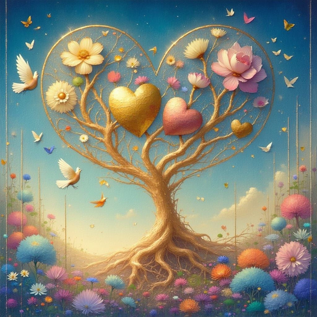 Majestic Heart-Shaped Tree with Blooming Flowers and Iridesc...