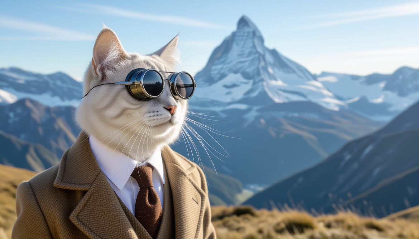 Cat in Overcoat With Binocular Eyes Surveys Mountain Range