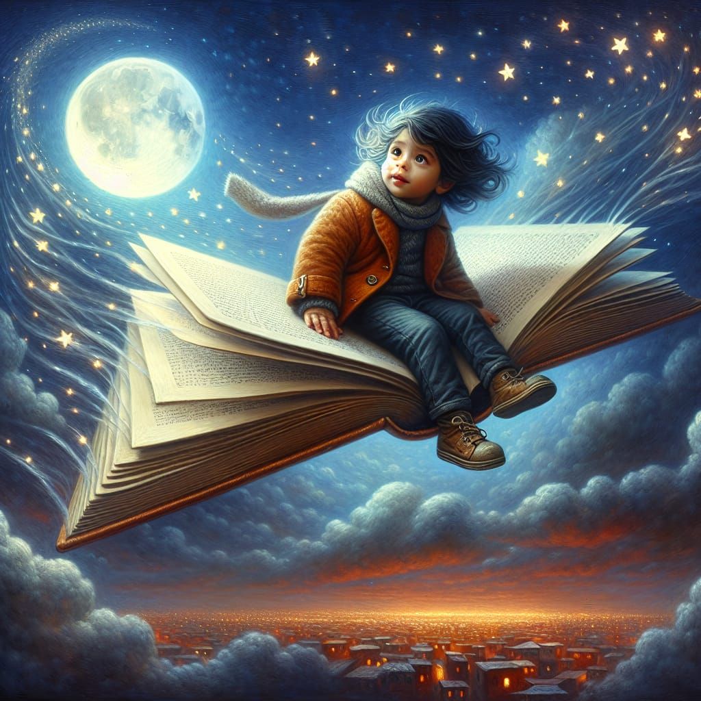 Whimsical Toddler Soars Through Night Sky on Open Book