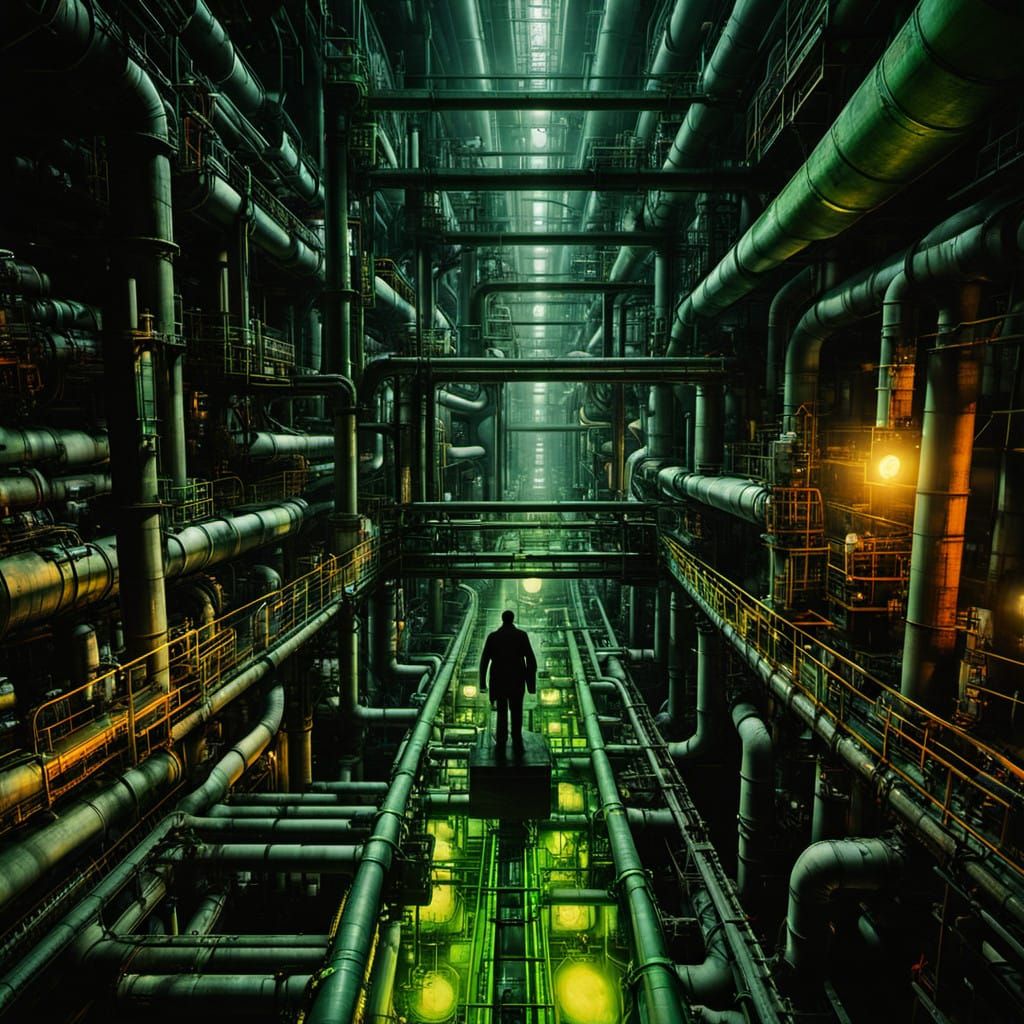 Lost Soul Adrift in Abandoned Refinery at Night