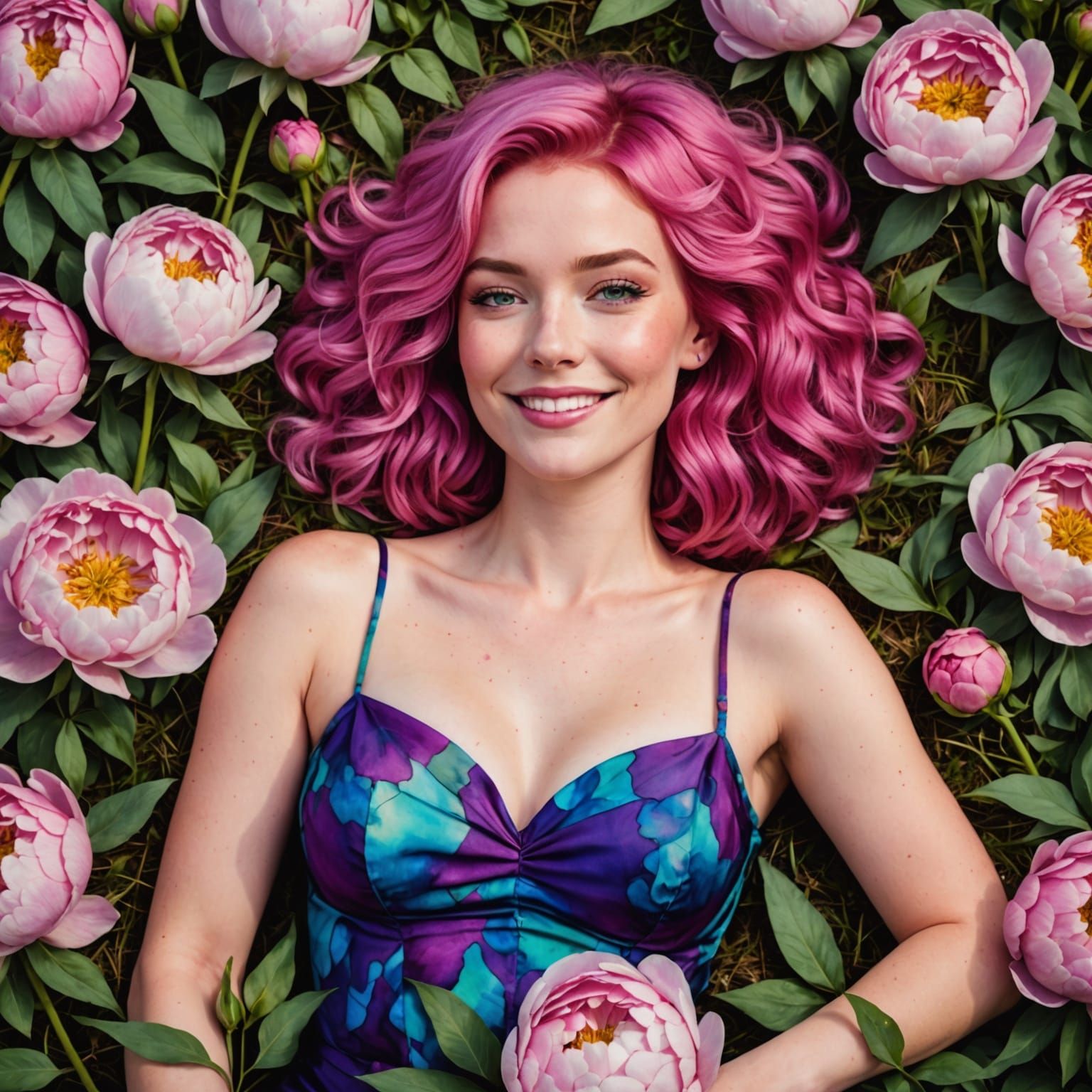 Pink-Haired Woman in Peony Field, Alcohol Ink Style