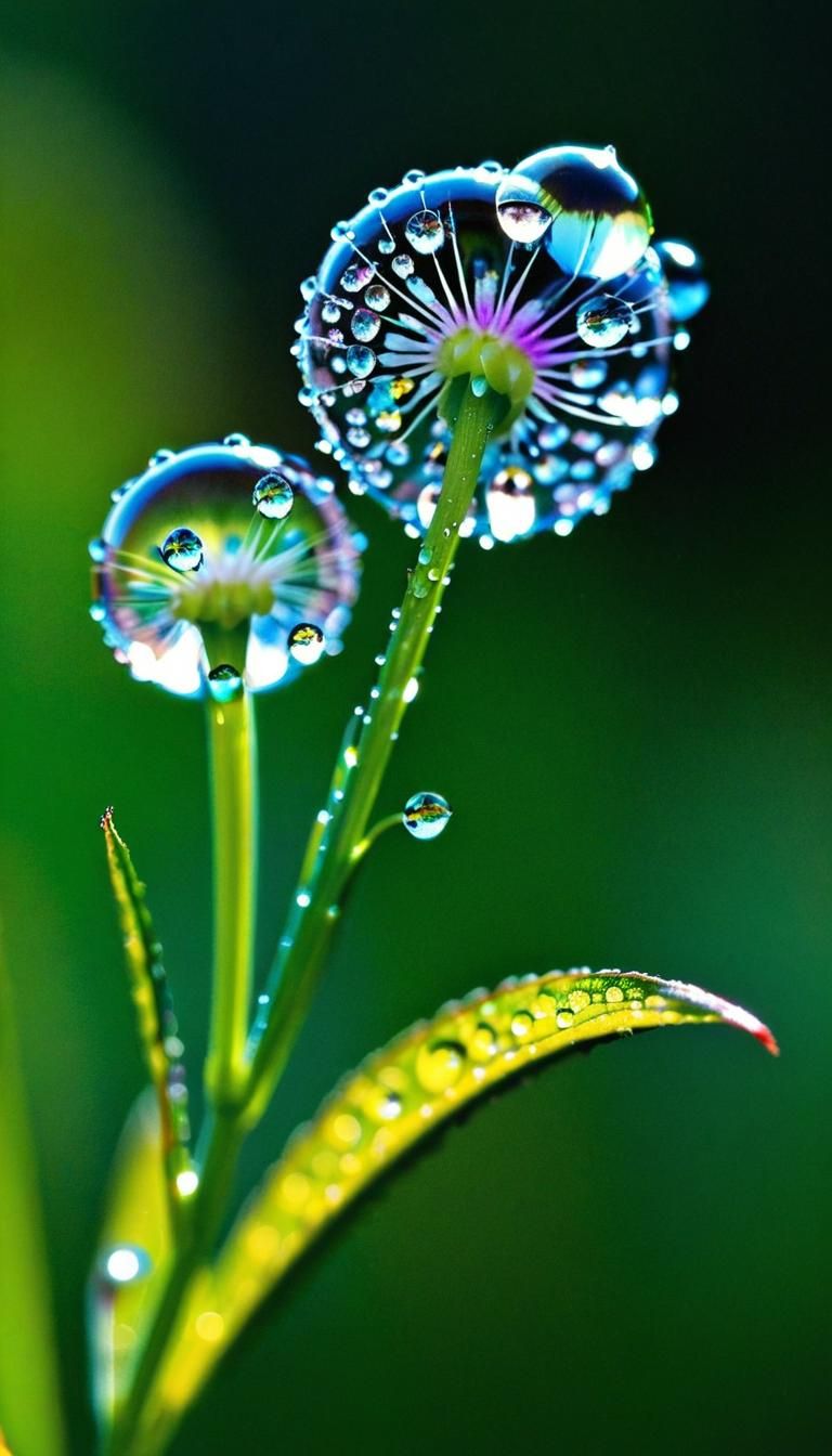 Iridescent Dew Drops Highlighting Nature's Colors