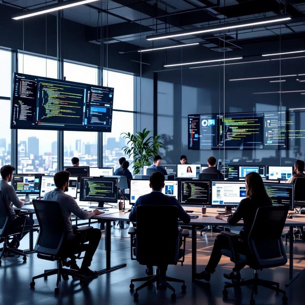 Futuristic IT Office with Developers Coding