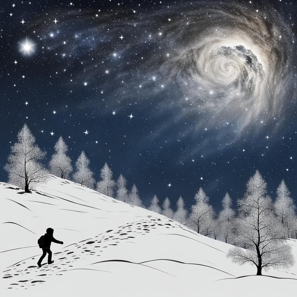 Child Climbing a Hill on a Winter Night
