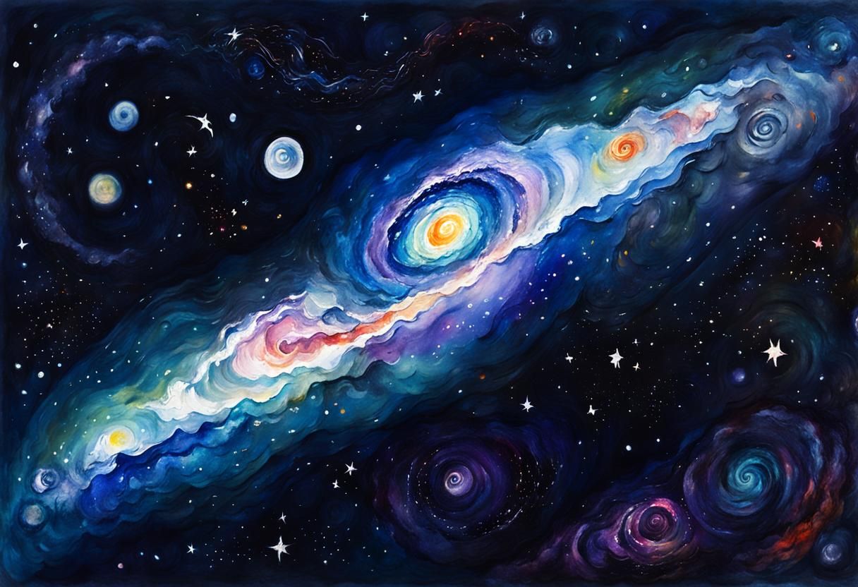 Colorful Spiral Galaxy as Impressionist Gouache Painting