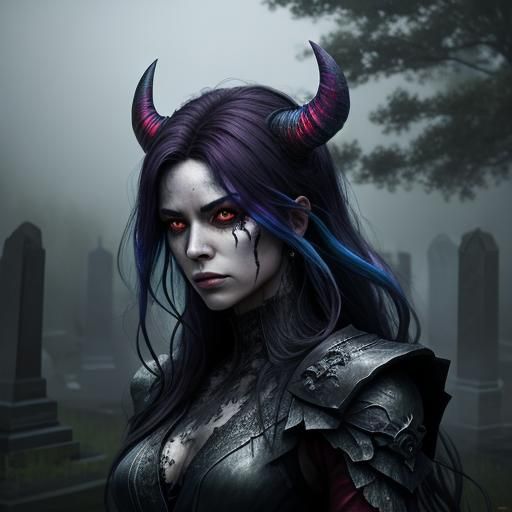 Hyperrealistic Female Demon in Misty Cemetery