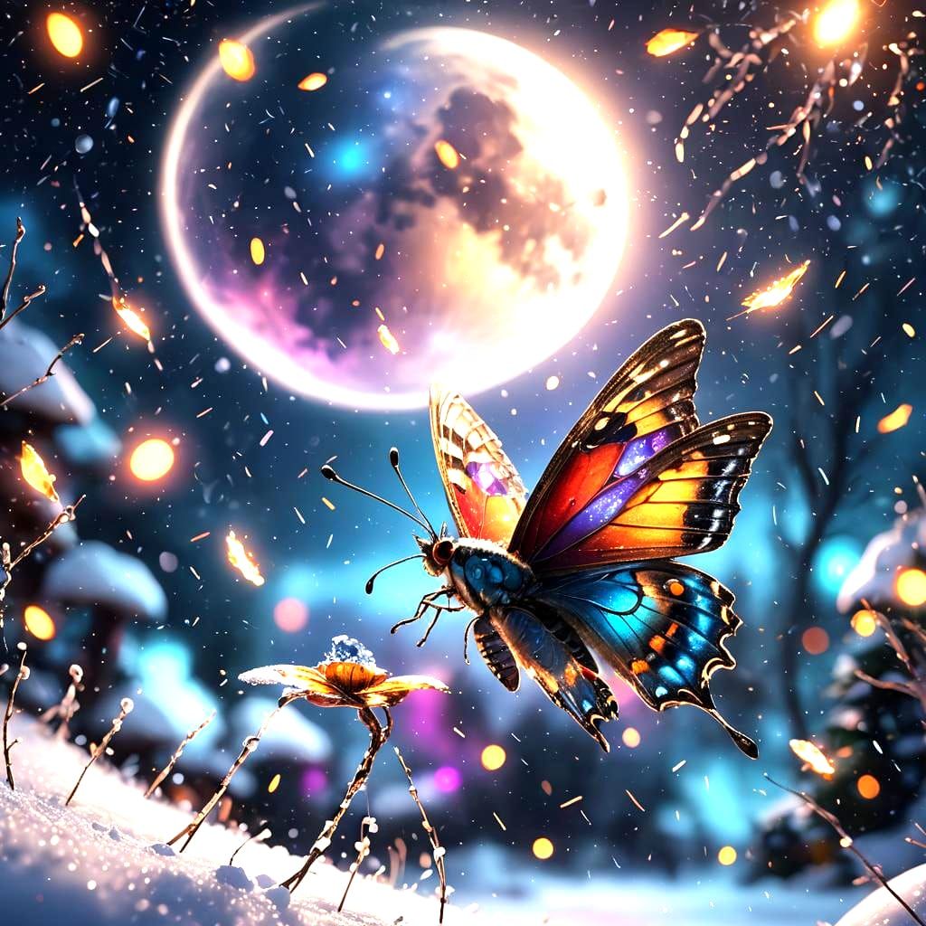 Butterfly in Moonlit Snow and Rain: Detailed Matte Painting