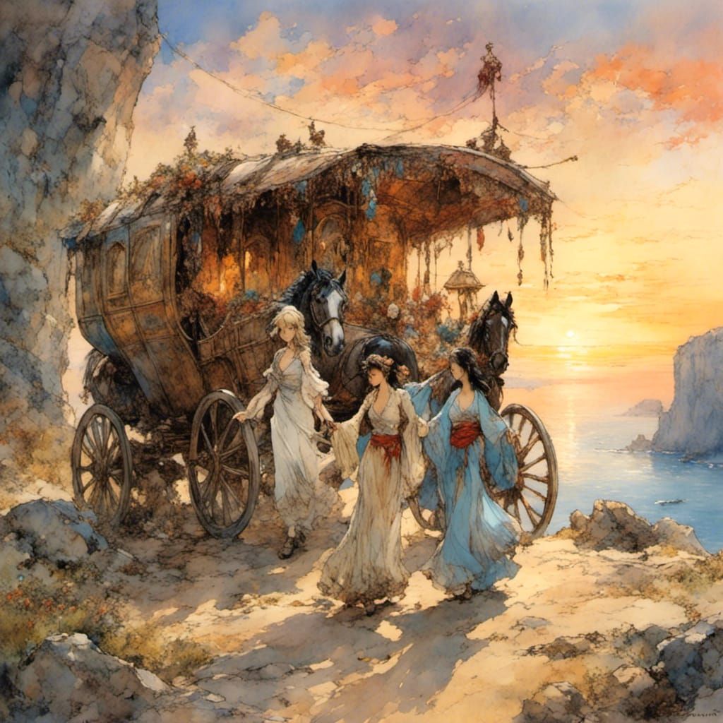 Anime Style Gypsy Caravan at Sunset