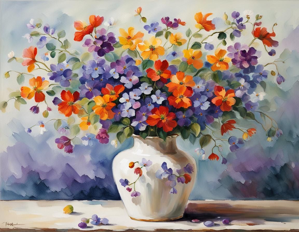 White Vase with Colorful Lilac Bouquet