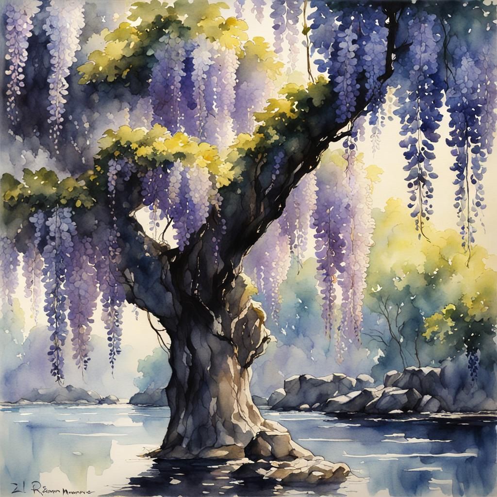 Wisteria Watercolor Painting with Sunlight and Shadows