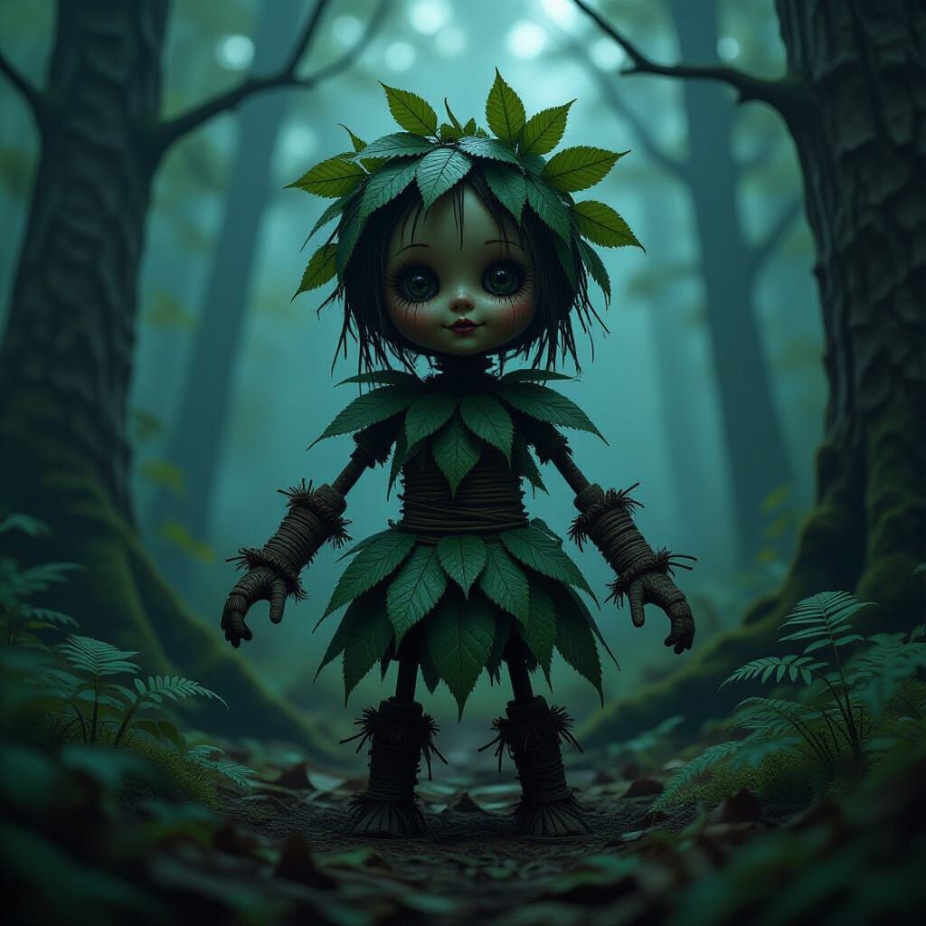Eerie Forest Doll Woven from Sticks and Leaves