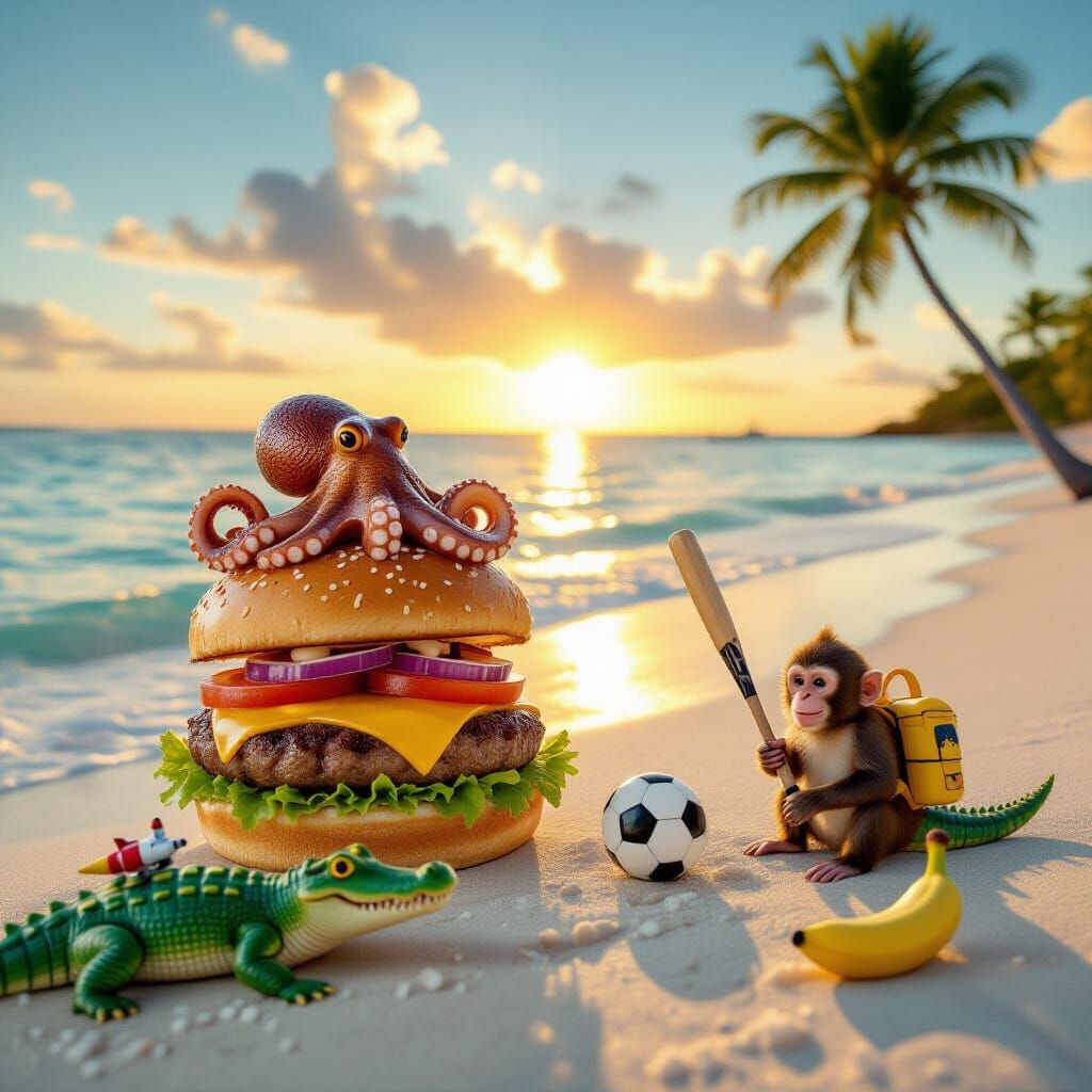 Whimsical Beach Sunrise: Hamburger, Octopus, and Rocket Croc...