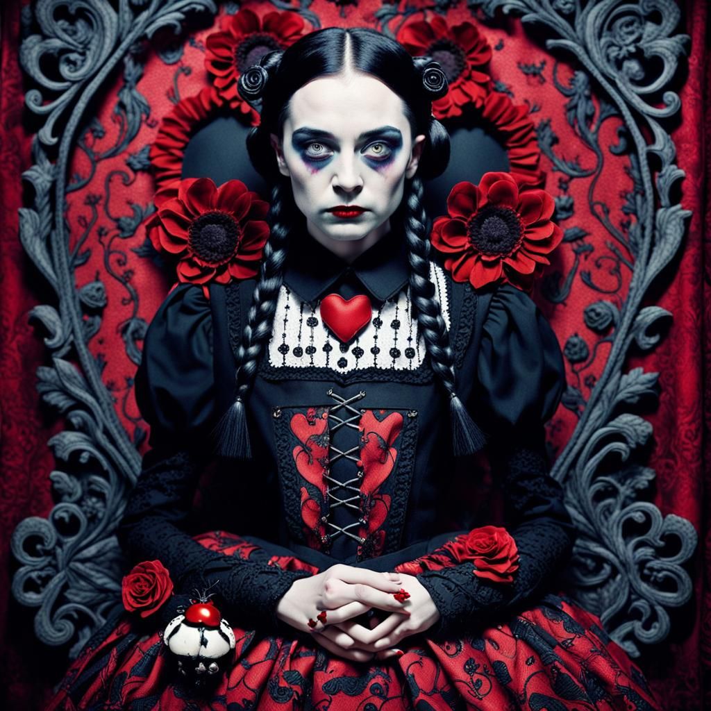 Tim Burton-inspired "Composed" fashion photograph of Wednesday Addams entwined in an elaborate red fabric with heart-sha...