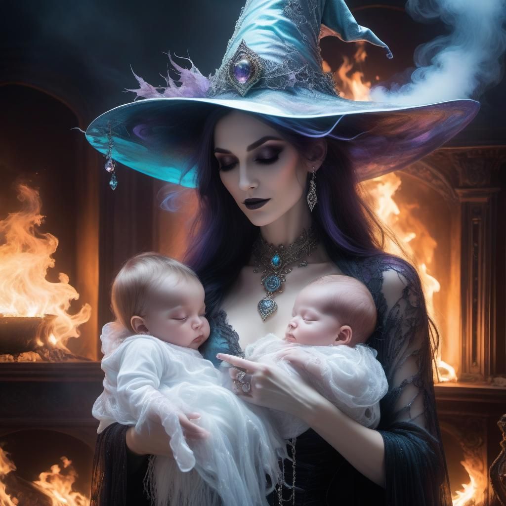 Loving Witch Mother and Gothic Baby in Opalescent Ballroom