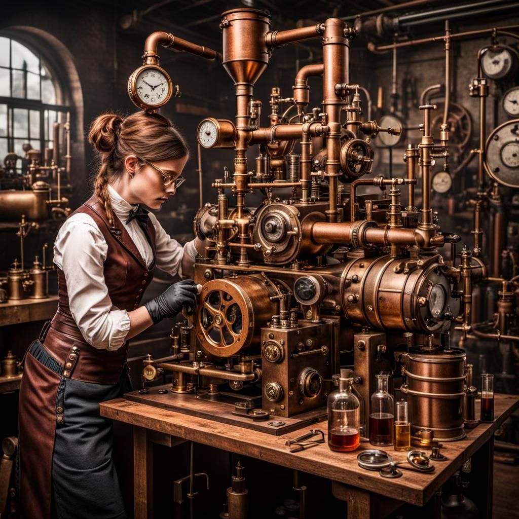 Steampunk Water Distillery with Woman in Hyperrealism