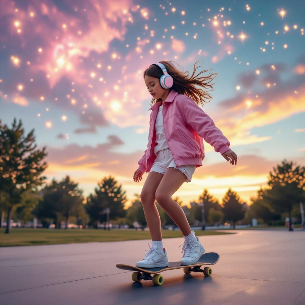 Stylish Girl Skates Through Dreamy Nebula Park