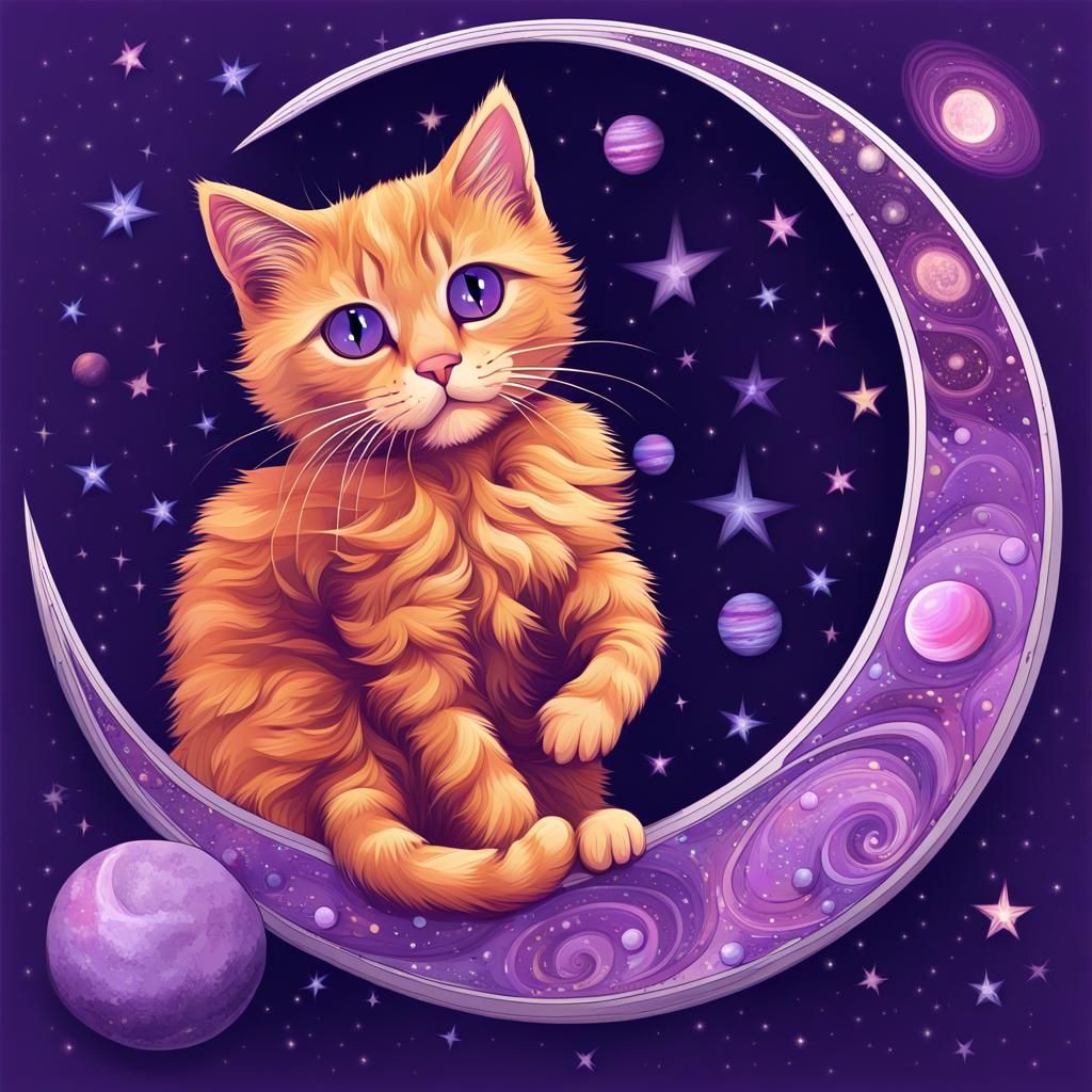 Ginger Cat Observes Purple Galaxy on Moon