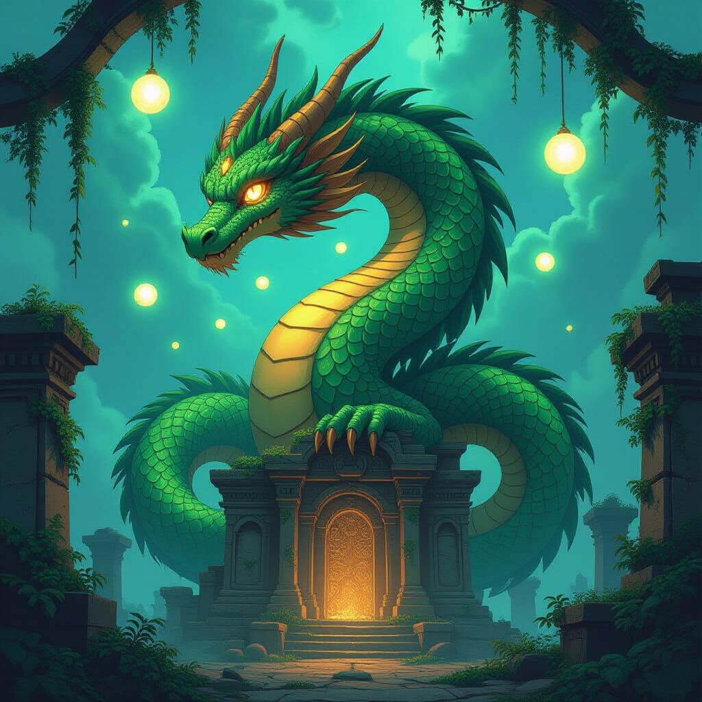Mystical Emerald Dragon Coiled Around Ancient Temple
