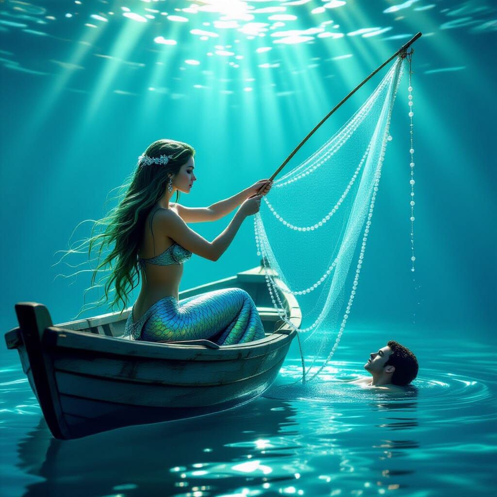 Ethereal Mermaid Casting Pearl Net in Sunlit Ocean