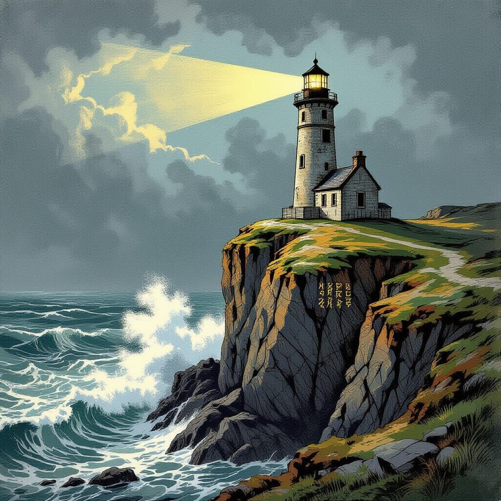Stormy Lighthouse on Jagged Cliffs in Engraved Style