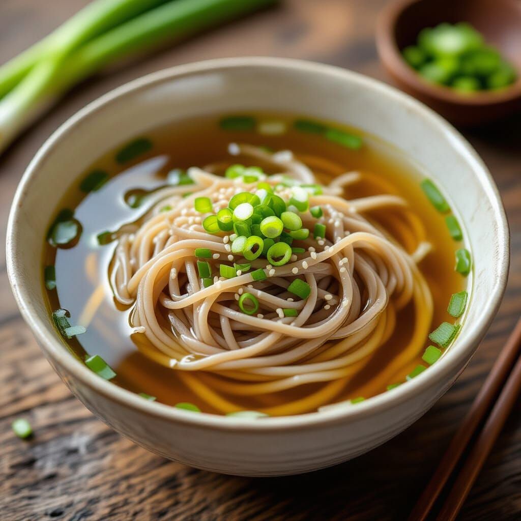 Photorealistic Soba Noodles in Broth on Rustic Table