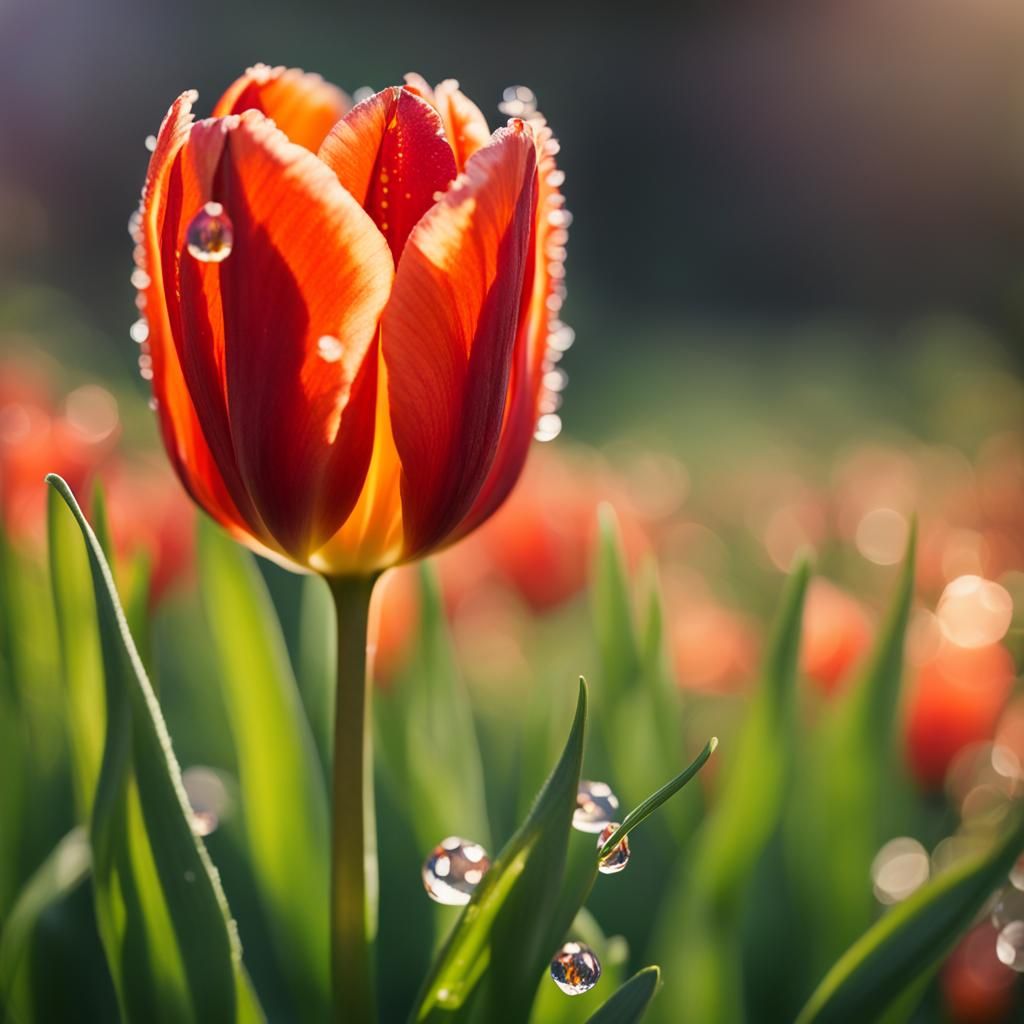 Dew-Kissed Red-Orange Tulip in Full Bloom